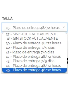 Tiempo entrega según talla y color