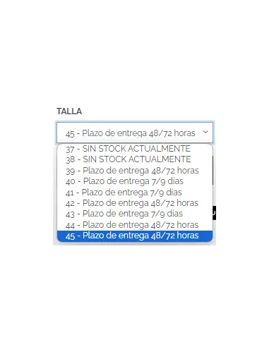 Tiempo entrega según talla y color