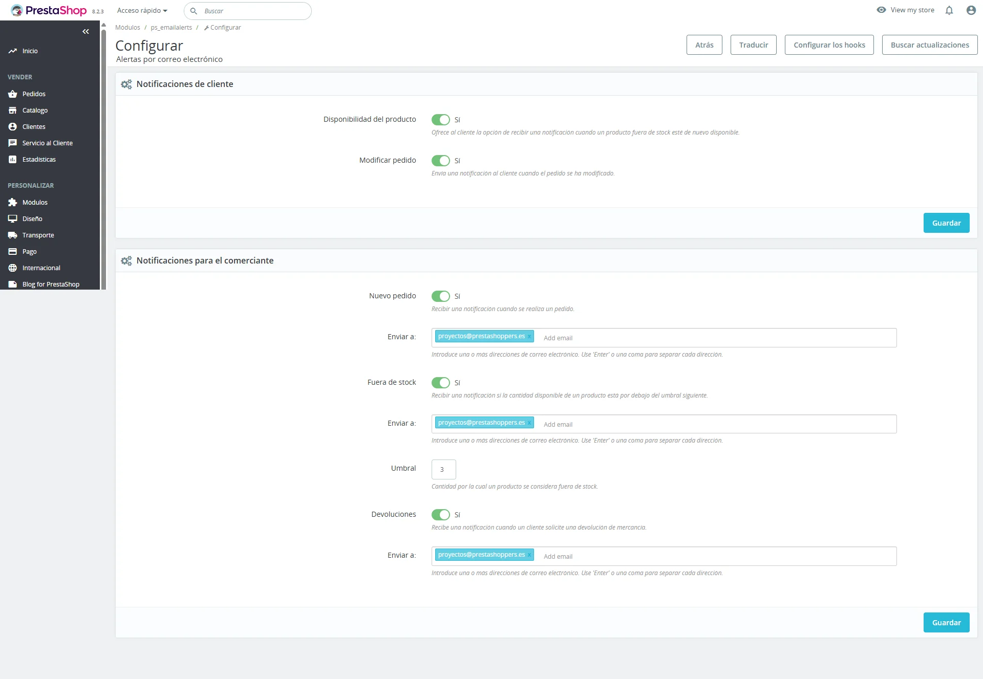 Configuración de notificaciones para el comerciante en módulo Mail Alerts