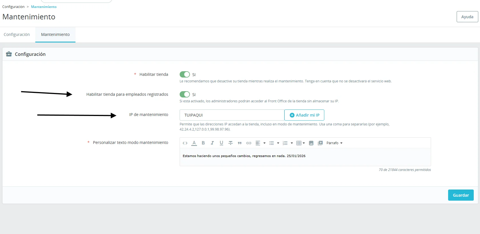 Campo de IP de mantenimiento en PrestaShop