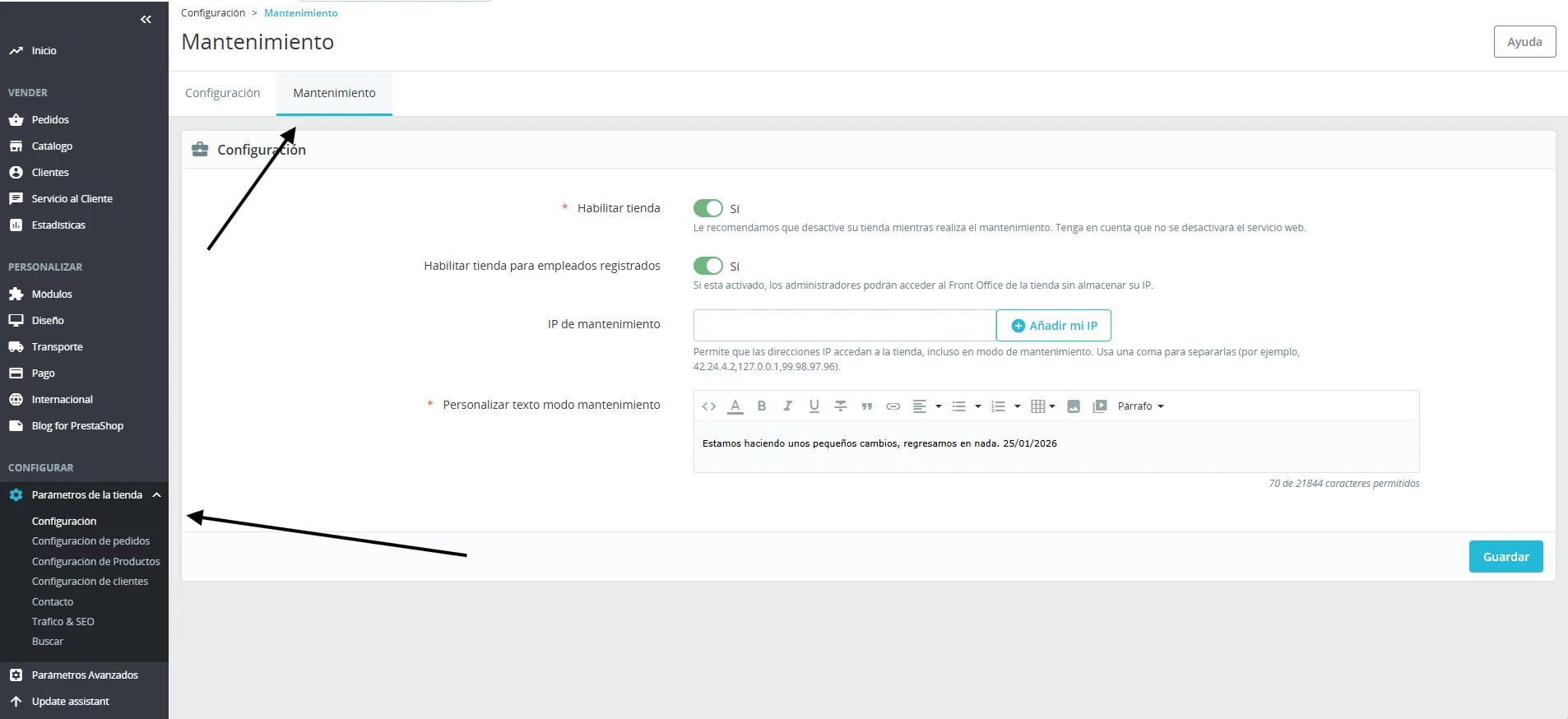 Cómo activar modo mantenimiento en PrestaShop 1.7 desde el backoffice