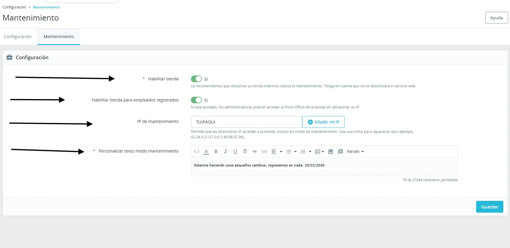 Cómo activar modo mantenimiento en PrestaShop 8.x desde el backoffice