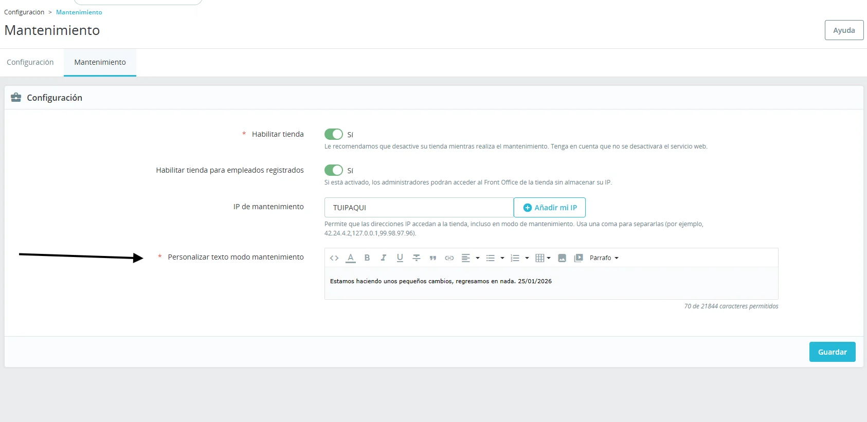 Editor de mensaje personalizado de mantenimiento en PrestaShop