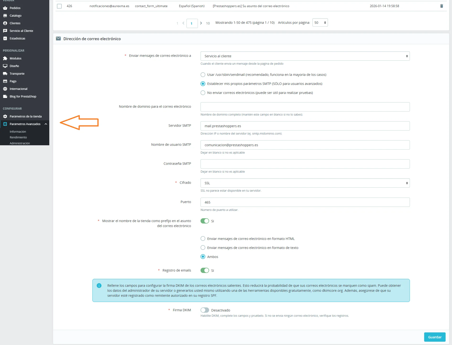 Parámetros avanzados de correo electrónico en PrestaShop