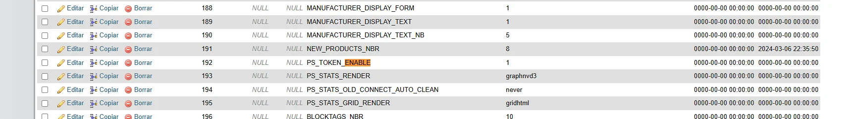 Tabla ps_configuration en phpMyAdmin mostrando PS_SHOP_ENABLE