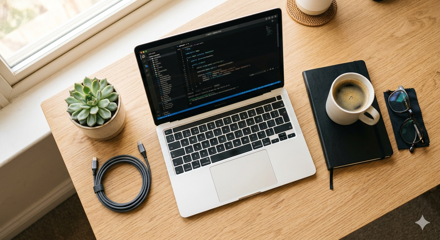 Escritorio profesional con MacBook Pro mostrando código PHP, café y herramientas de trabajo