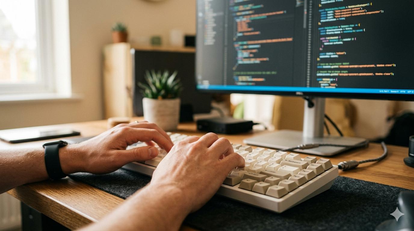 Manos de desarrollador escribiendo en teclado mecánico con código en pantalla