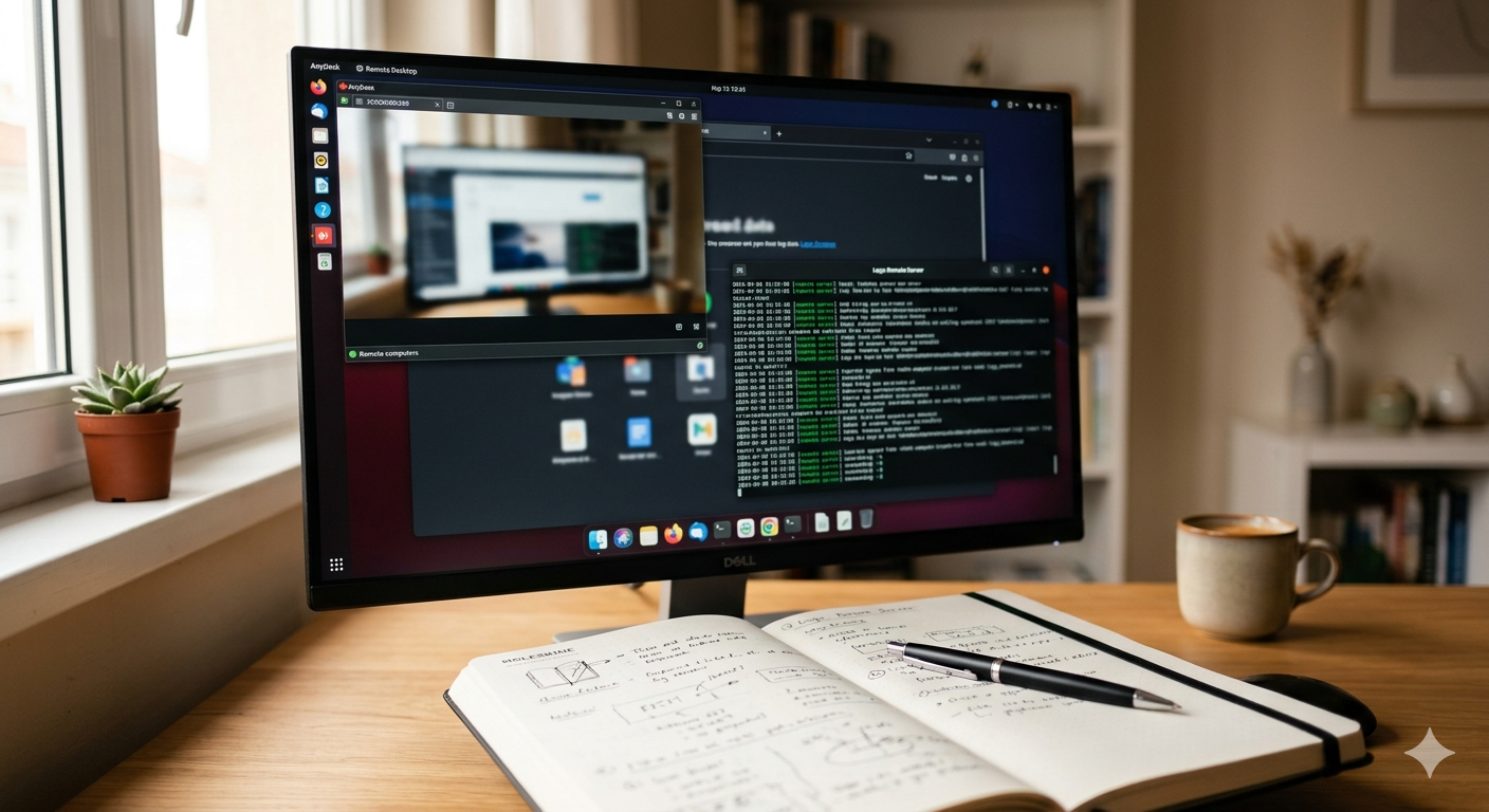 Pantalla de ordenador mostrando una sesión remota AnyDesk con terminal abierto en logs